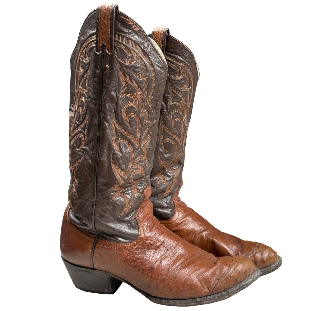 Vintage Larry Mahan Ostrich Cowboy Boots Mens 8.5 B Brown Two Tone Texas